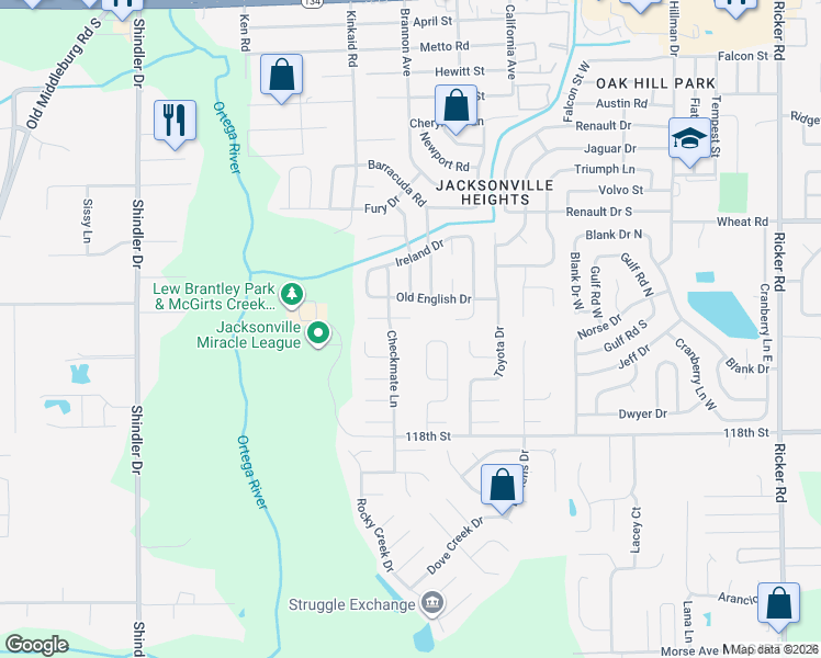 map of restaurants, bars, coffee shops, grocery stores, and more near 8347 Chessman Court in Jacksonville
