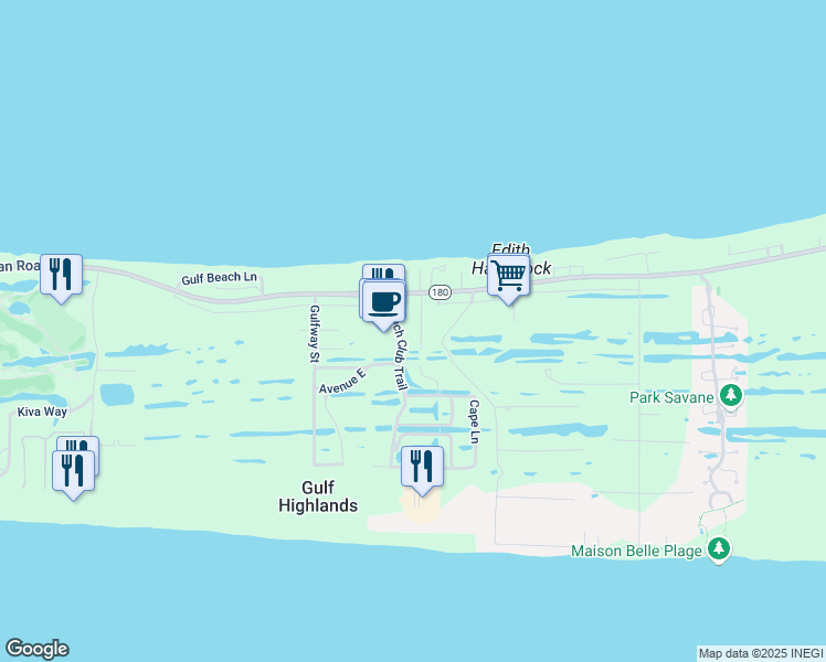 map of restaurants, bars, coffee shops, grocery stores, and more near 8628 Alabama 180 in Gulf Shores