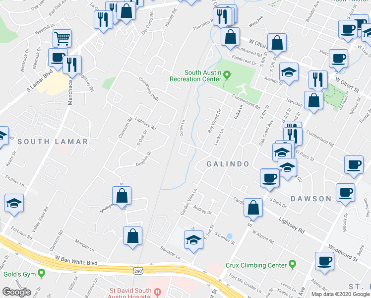 map of restaurants, bars, coffee shops, grocery stores, and more near 1104 Blair Way in Austin
