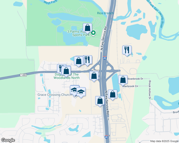 map of restaurants, bars, coffee shops, grocery stores, and more near 551 Farm to Market Road 1488 in Conroe