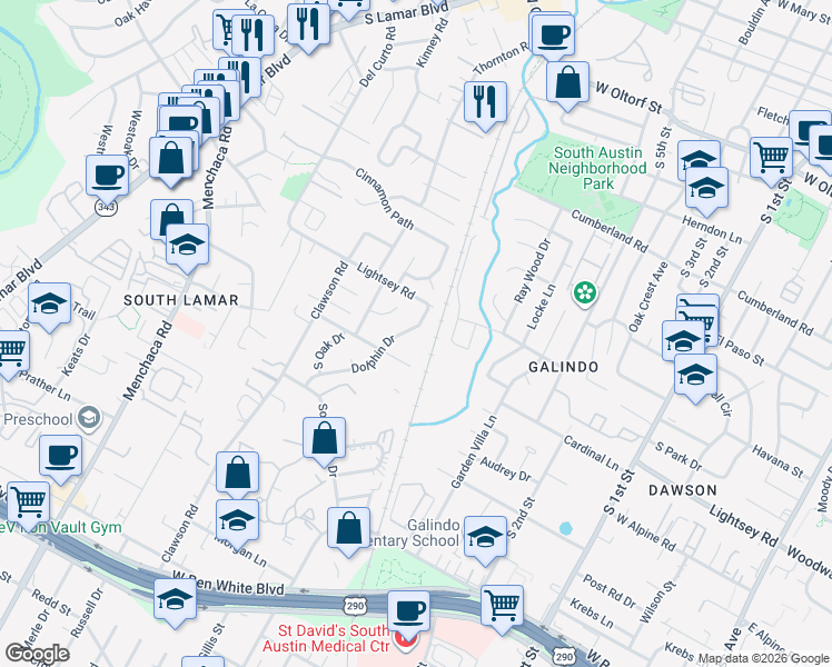 map of restaurants, bars, coffee shops, grocery stores, and more near 3202 Dolphin Drive in Austin