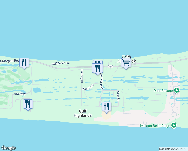 map of restaurants, bars, coffee shops, grocery stores, and more near Gulf Way in Gulf Shores