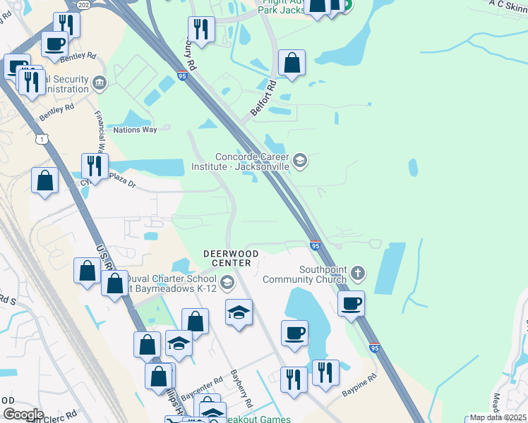 map of restaurants, bars, coffee shops, grocery stores, and more near 8800 Baymeadows Way West in Jacksonville