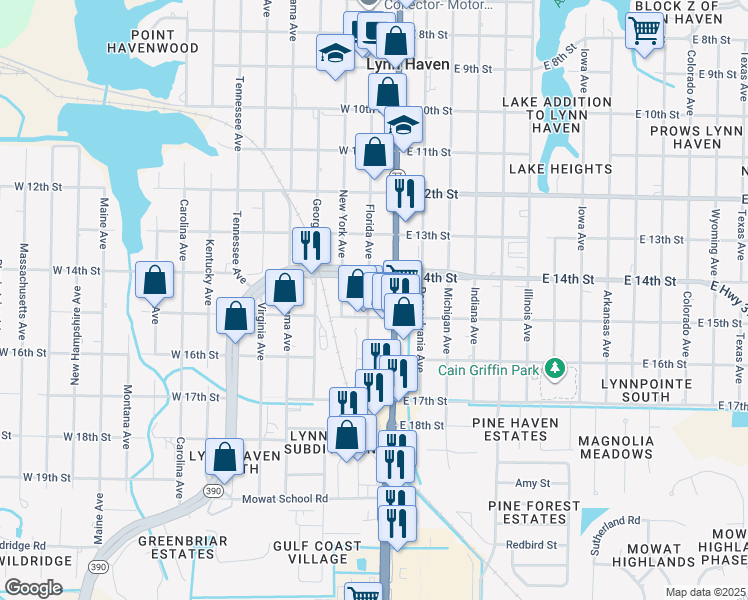 map of restaurants, bars, coffee shops, grocery stores, and more near 4 Florida Avenue in Lynn Haven