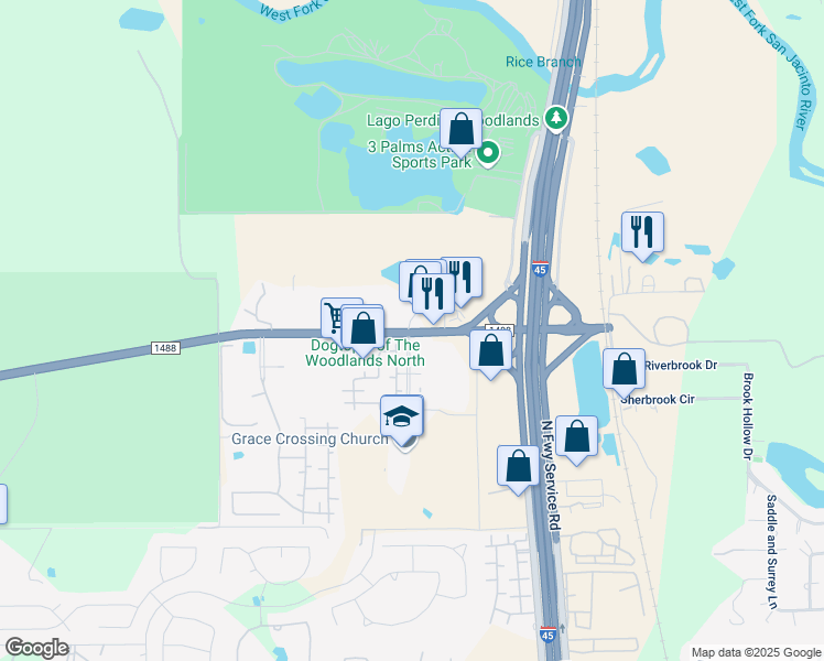 map of restaurants, bars, coffee shops, grocery stores, and more near 110 Farm to Market Road 1488 in Conroe