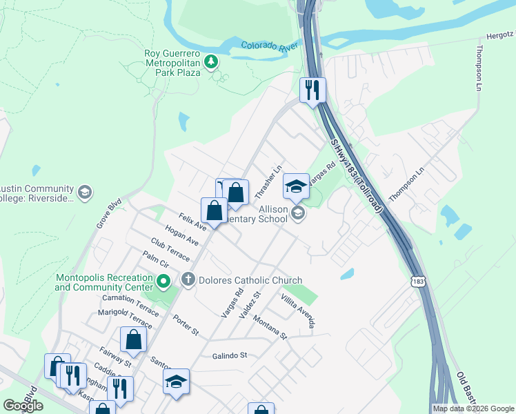 map of restaurants, bars, coffee shops, grocery stores, and more near 613A Thrasher Lane in Austin