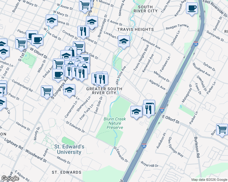 map of restaurants, bars, coffee shops, grocery stores, and more near 2304 Alta Vista Avenue in Austin