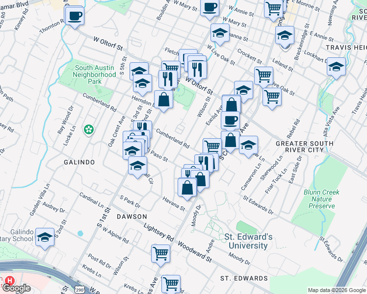 map of restaurants, bars, coffee shops, grocery stores, and more near 2700 Wilson Street in Austin