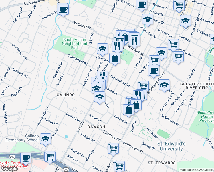 map of restaurants, bars, coffee shops, grocery stores, and more near 2715 South 1st Street in Austin
