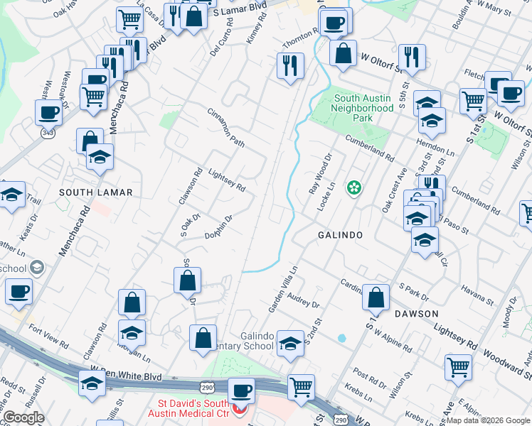 map of restaurants, bars, coffee shops, grocery stores, and more near 3106 Corbin Lane in Austin