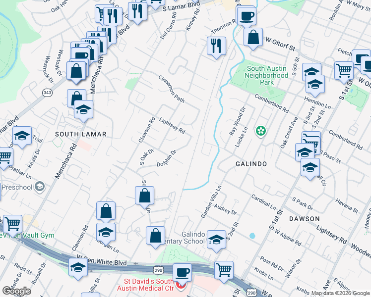 map of restaurants, bars, coffee shops, grocery stores, and more near 3202 Dolphin Drive in Austin