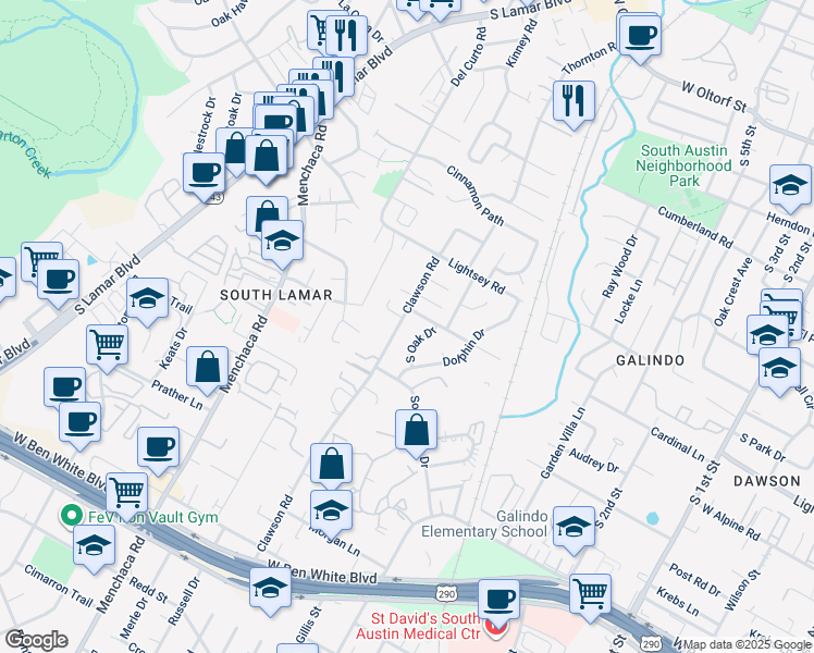 map of restaurants, bars, coffee shops, grocery stores, and more near 1605 Valleyridge Drive in Austin