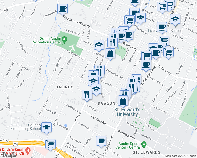 map of restaurants, bars, coffee shops, grocery stores, and more near S 1st St & El Paso St in Austin
