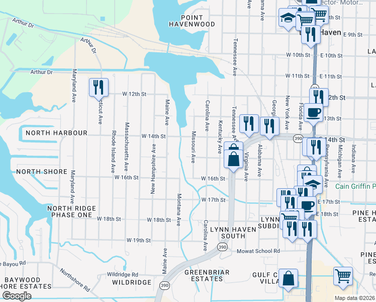 map of restaurants, bars, coffee shops, grocery stores, and more near 1413 Missouri Ave in Lynn Haven