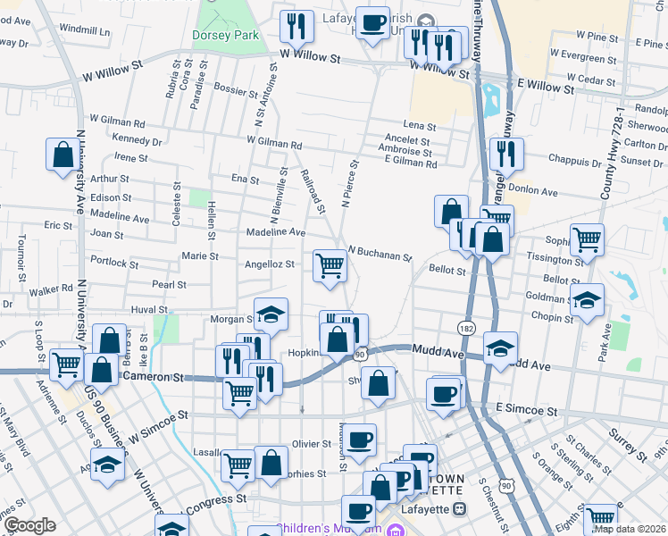 map of restaurants, bars, coffee shops, grocery stores, and more near 116 Martin St in Lafayette