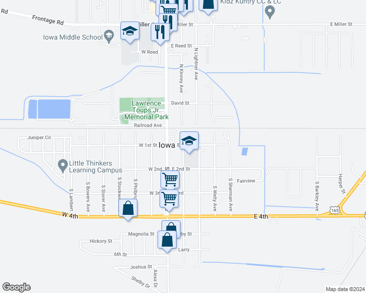 map of restaurants, bars, coffee shops, grocery stores, and more near 215 South Kinney Avenue in Iowa