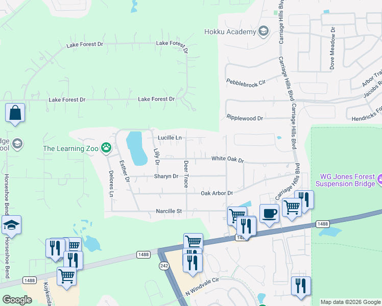 map of restaurants, bars, coffee shops, grocery stores, and more near 15178 Deer Trace in Conroe