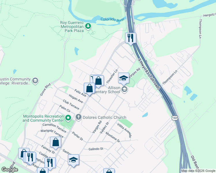 map of restaurants, bars, coffee shops, grocery stores, and more near 613A Thrasher Lane in Austin
