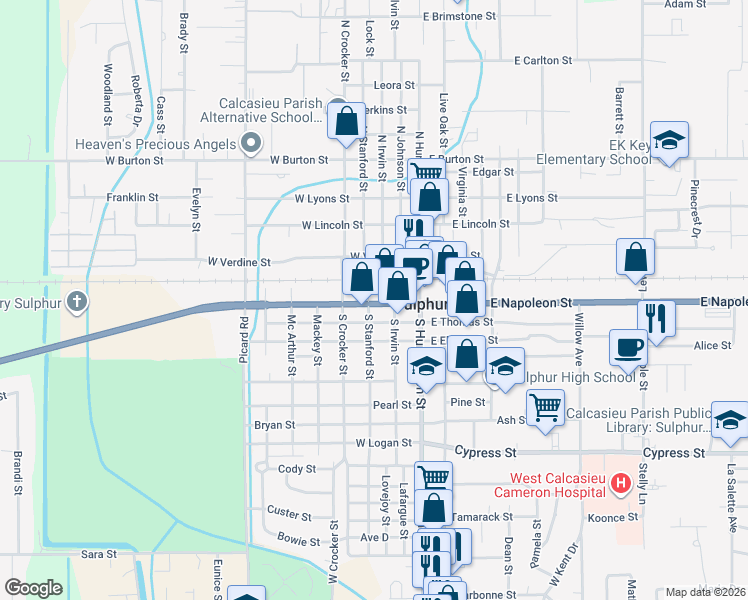 map of restaurants, bars, coffee shops, grocery stores, and more near 106 South Stanford Street in Sulphur