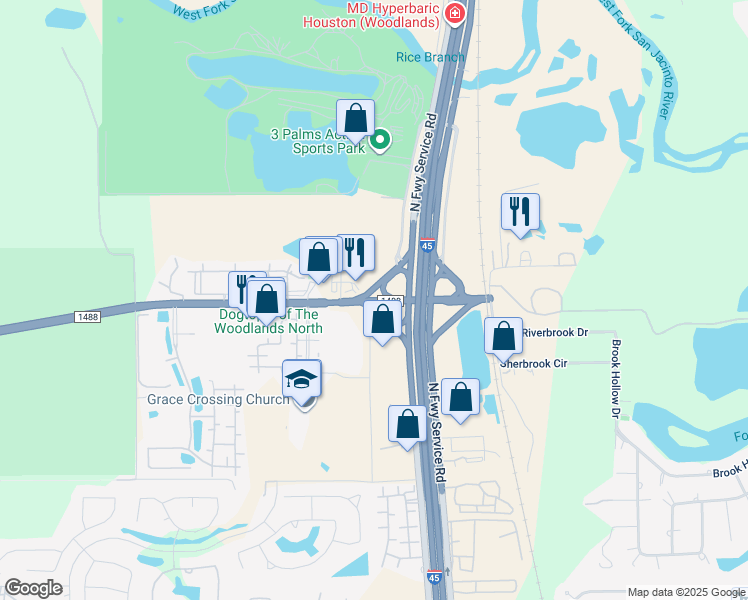 map of restaurants, bars, coffee shops, grocery stores, and more near 45 Farm to Market Road 1488 in Conroe