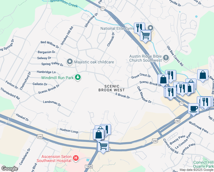 map of restaurants, bars, coffee shops, grocery stores, and more near 7208 South Brook Drive in Austin