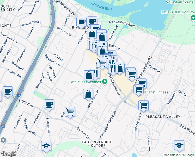 map of restaurants, bars, coffee shops, grocery stores, and more near 1709 Burton Drive in Austin