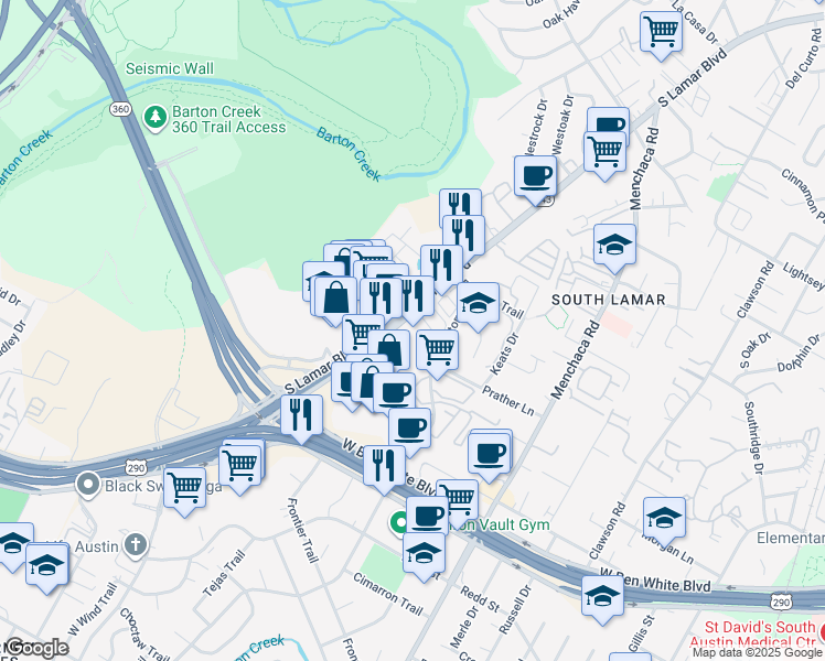 map of restaurants, bars, coffee shops, grocery stores, and more near 3909 South Lamar Boulevard in Austin