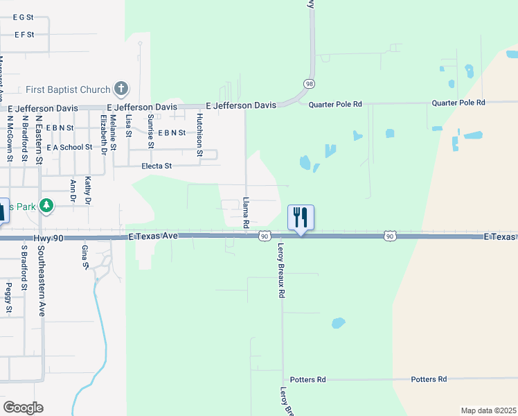 map of restaurants, bars, coffee shops, grocery stores, and more near 141 Fontenot Street in Rayne