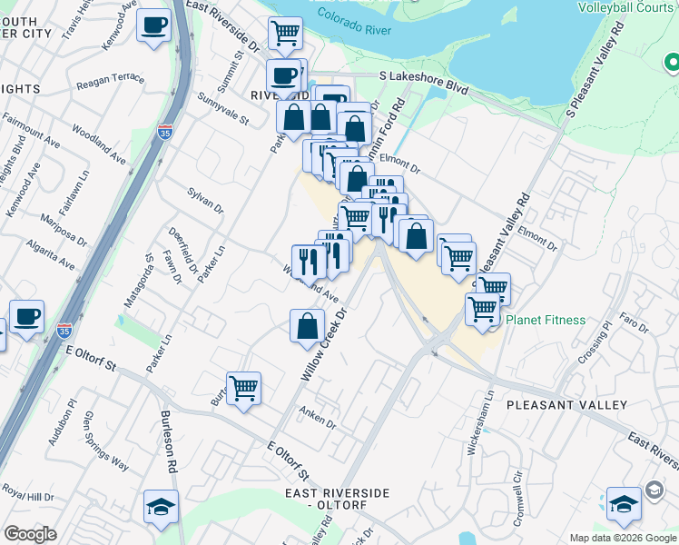 map of restaurants, bars, coffee shops, grocery stores, and more near 1709 Burton Drive in Austin