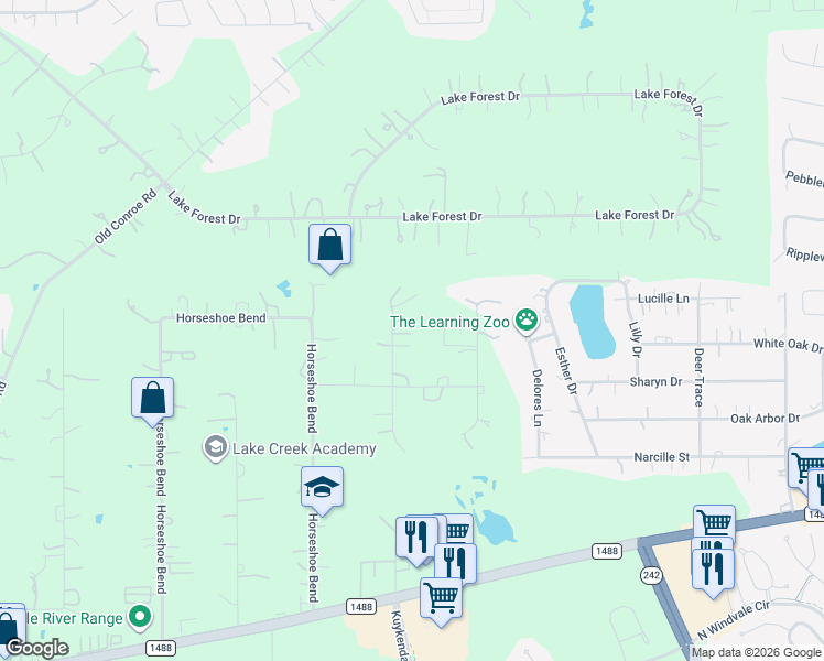 map of restaurants, bars, coffee shops, grocery stores, and more near 15199 Moonlight Trail in Conroe