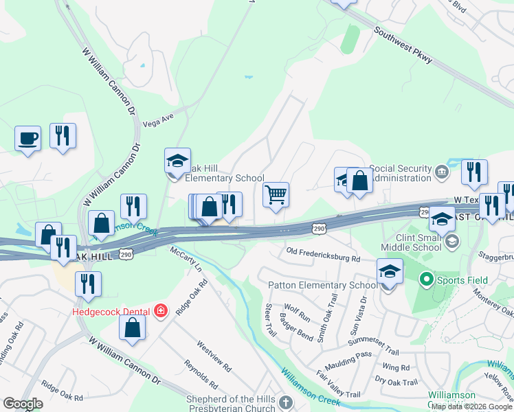 map of restaurants, bars, coffee shops, grocery stores, and more near 6205 Oakclaire Drive in Austin