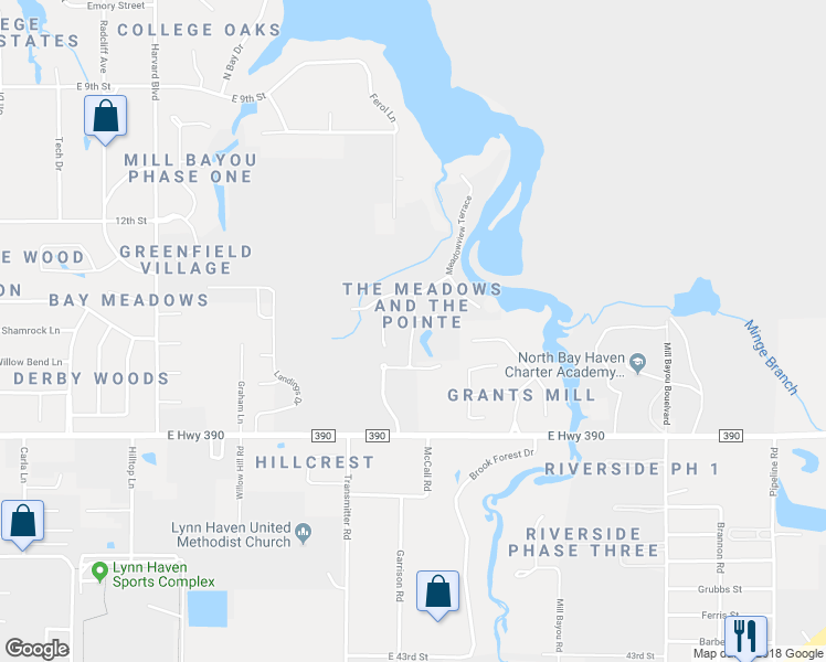 map of restaurants, bars, coffee shops, grocery stores, and more near Waterford Drive in Lynn Haven