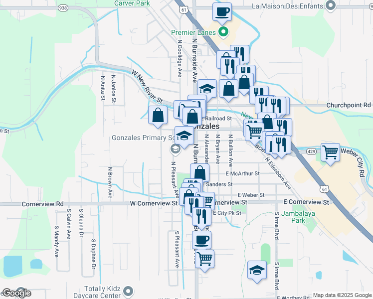 map of restaurants, bars, coffee shops, grocery stores, and more near 521 North Burnside Avenue in Gonzales