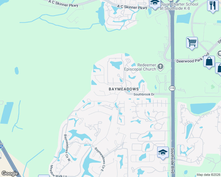 map of restaurants, bars, coffee shops, grocery stores, and more near 7559 Sugar Bay Lane in Jacksonville