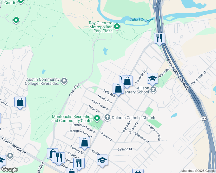 map of restaurants, bars, coffee shops, grocery stores, and more near 6115 Richardson Lane in Austin
