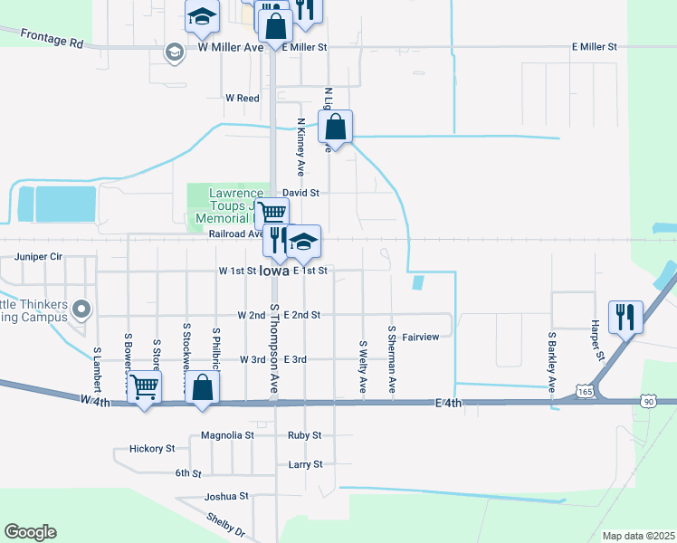 map of restaurants, bars, coffee shops, grocery stores, and more near 301-399 East 1st Street in Iowa