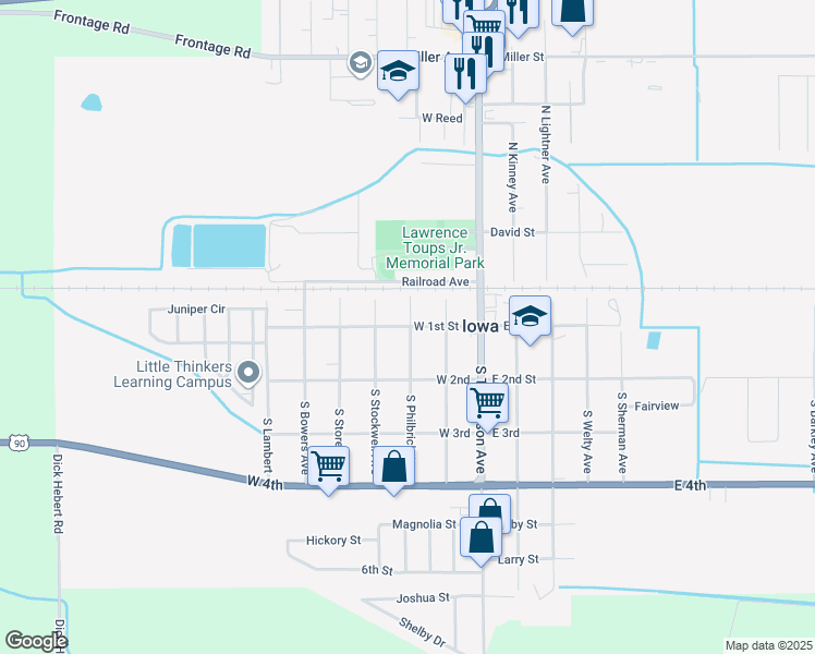 map of restaurants, bars, coffee shops, grocery stores, and more near 100-198 S Philbrick Ave in Iowa
