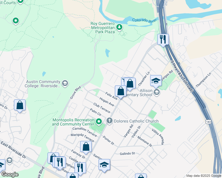 map of restaurants, bars, coffee shops, grocery stores, and more near 6115 Richardson Lane in Austin