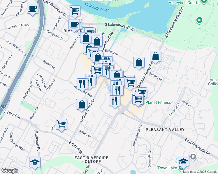 map of restaurants, bars, coffee shops, grocery stores, and more near 241010 East Riverside Drive in Austin