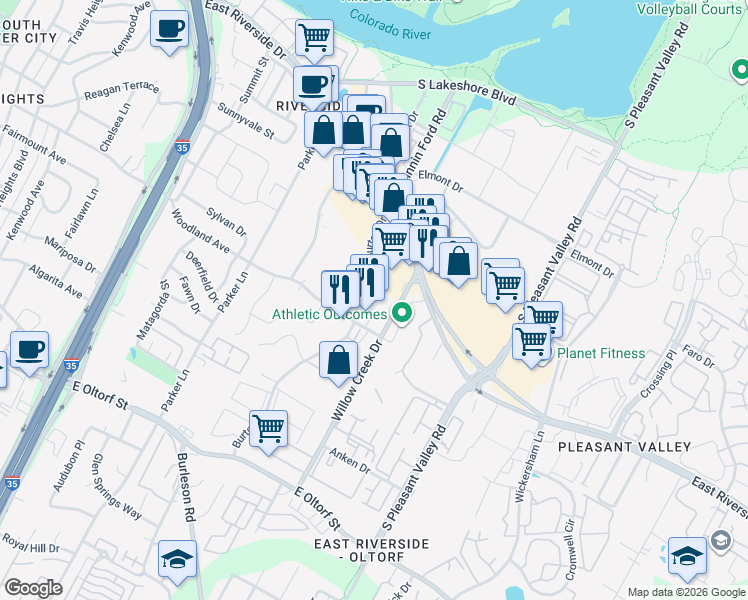 map of restaurants, bars, coffee shops, grocery stores, and more near 1709 Burton Drive in Austin
