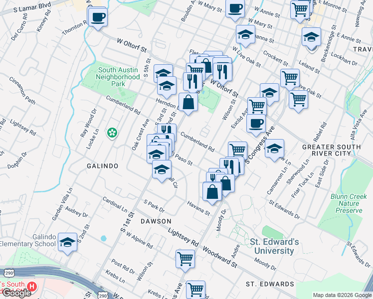 map of restaurants, bars, coffee shops, grocery stores, and more near 2702 La Mesa Drive in Austin