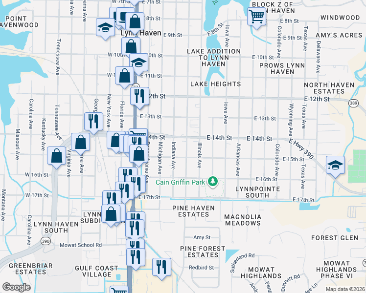 map of restaurants, bars, coffee shops, grocery stores, and more near 1411 Minnesota Avenue in Lynn Haven