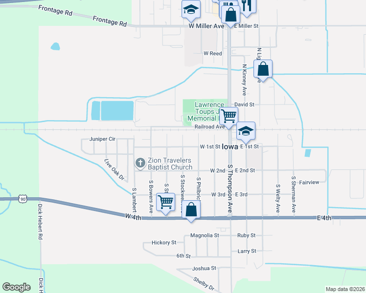 map of restaurants, bars, coffee shops, grocery stores, and more near 199 South Stockwell Avenue in Iowa