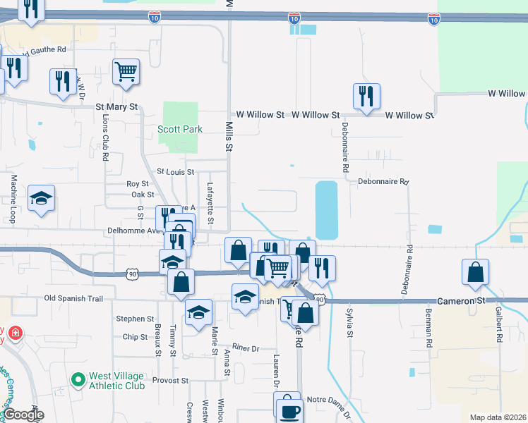 map of restaurants, bars, coffee shops, grocery stores, and more near 204 Mills Street in Scott