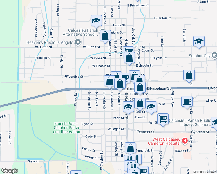 map of restaurants, bars, coffee shops, grocery stores, and more near 106 South Stanford Street in Sulphur