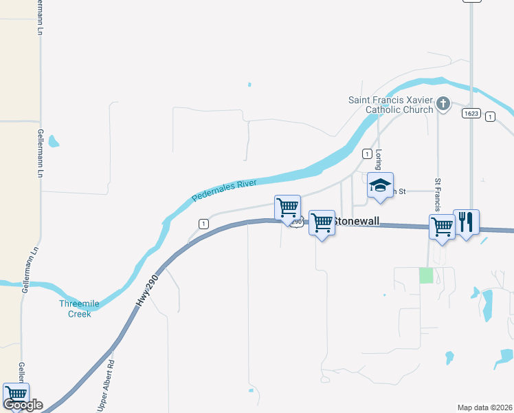 map of restaurants, bars, coffee shops, grocery stores, and more near 14112 U.S. 290 in Stonewall