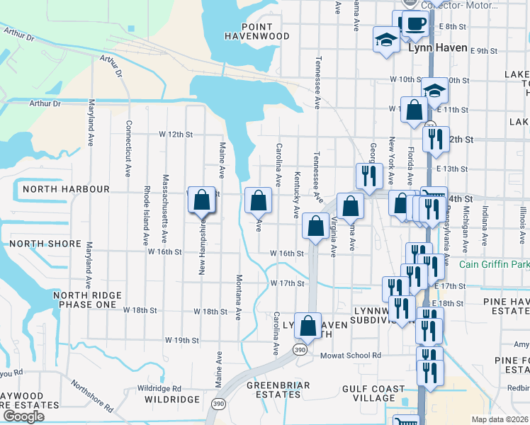 map of restaurants, bars, coffee shops, grocery stores, and more near 1413 Missouri Avenue in Lynn Haven