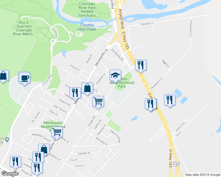 map of restaurants, bars, coffee shops, grocery stores, and more near 524 Vargas Road in Austin
