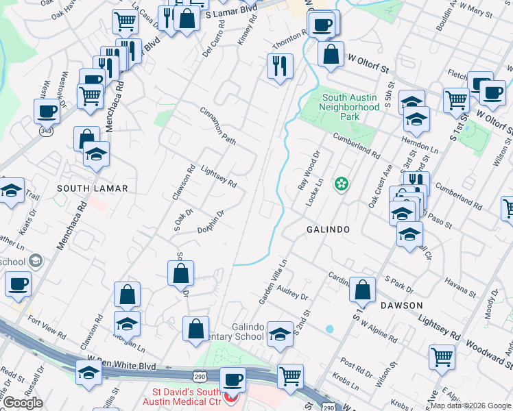 map of restaurants, bars, coffee shops, grocery stores, and more near 3108 Corbin Lane in Austin