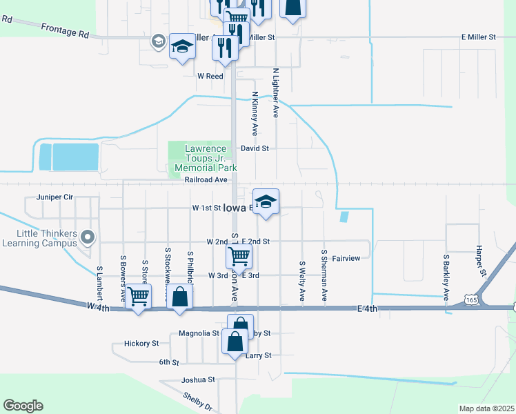 map of restaurants, bars, coffee shops, grocery stores, and more near 201 East 1st Street in Iowa